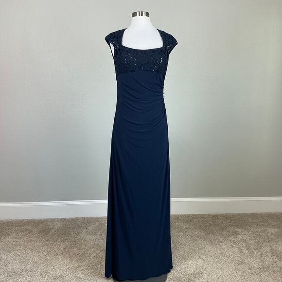 Betsy & Adam Sequined Lace Embellished Long Column Evening Gown Navy Blue Size 8 - Picture 2 of 13